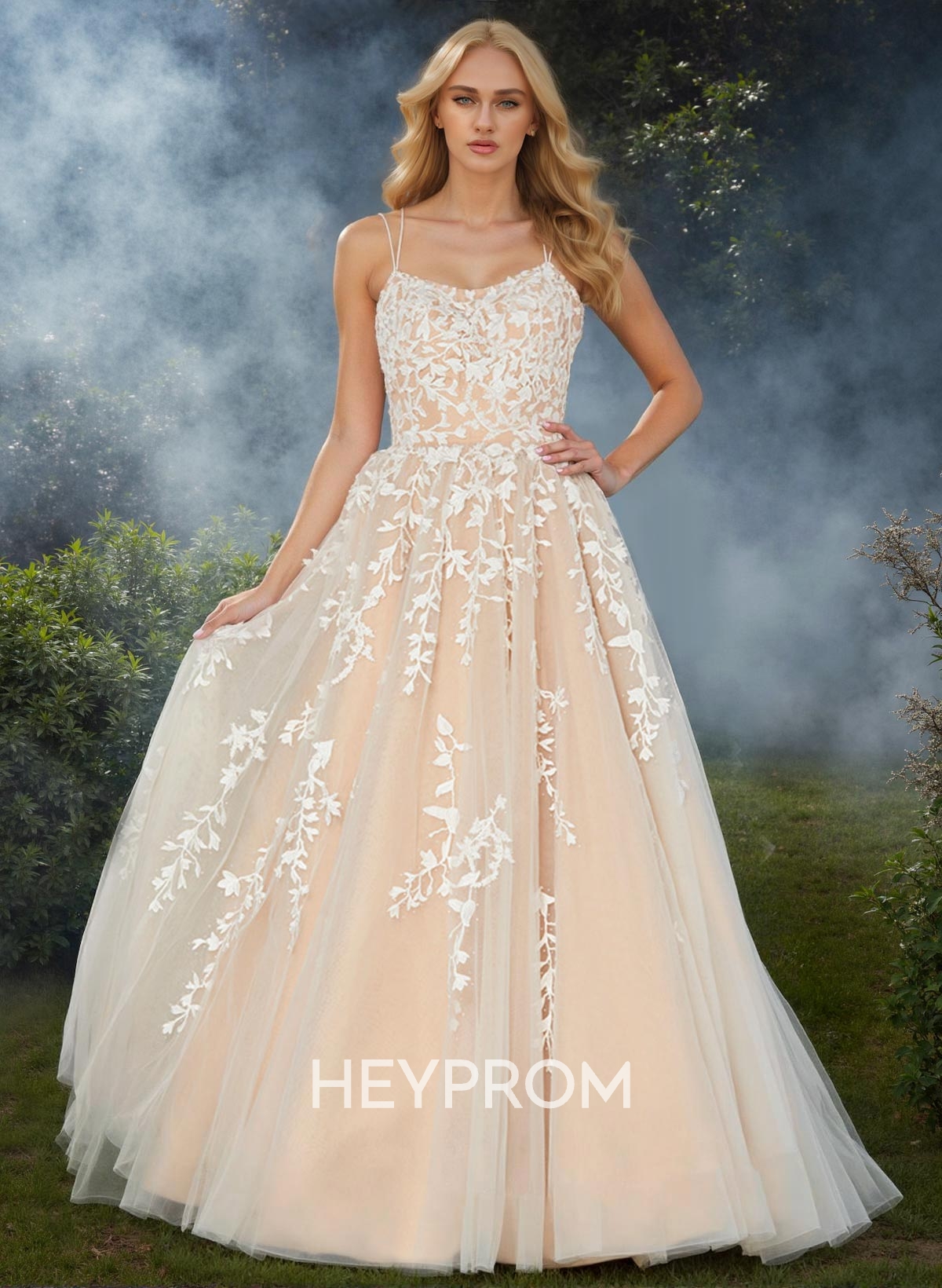 Sweet Dual Strap Tulle Strappy Back Prom Dresses With With Floral Applique