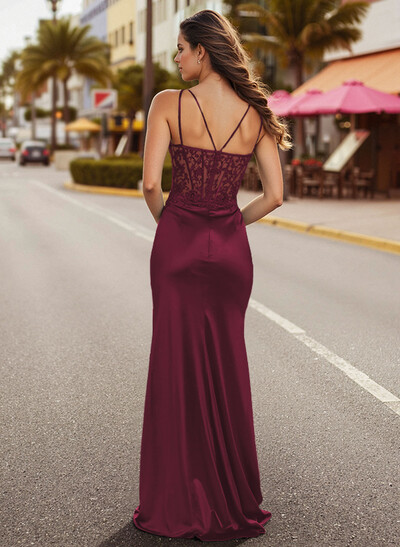 Classy Appliques Lace Illusion Corset Silk Like Satin Prom Dresses With Dual Strap