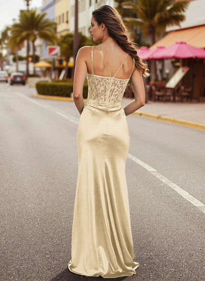 Classy Appliques Lace Illusion Corset Silk Like Satin Prom Dresses With Dual Strap