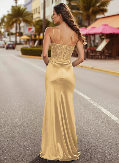 Classy Appliques Lace Illusion Corset Silk Like Satin Prom Dresses With Dual Strap