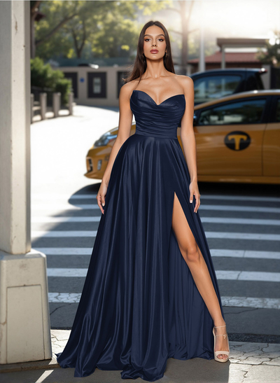 Classy A-Line Sweetheart Silk Like Satin Prom Dresses With High Split