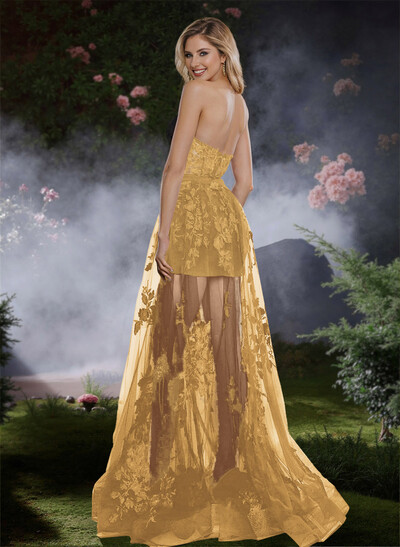Unique Semi Sheer Illusion Skirt With Lace Applique Prom Dresses With Illusion Corset