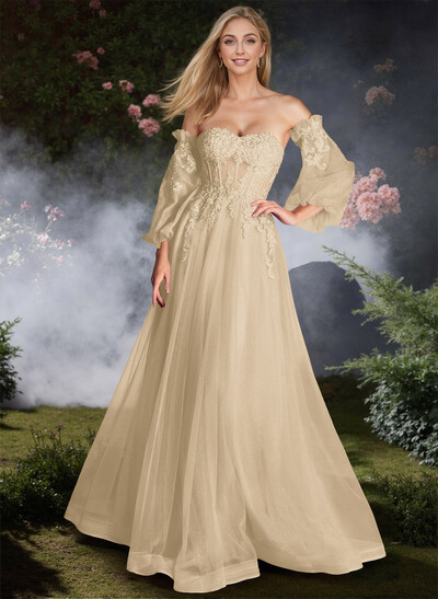 Sweet Removable Lantern Sleeves Bare Back Prom Dresses With Floral Lace
