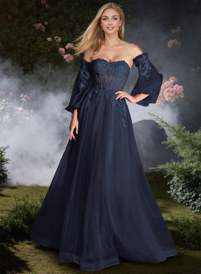 Sweet Removable Lantern Sleeves Bare Back Prom Dresses With Floral Lace