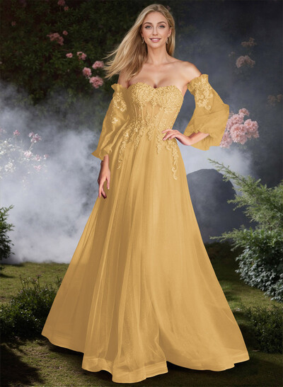 Sweet Removable Lantern Sleeves Bare Back Prom Dresses With Floral Lace