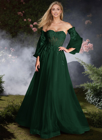 Sweet Removable Lantern Sleeves Bare Back Prom Dresses With Floral Lace