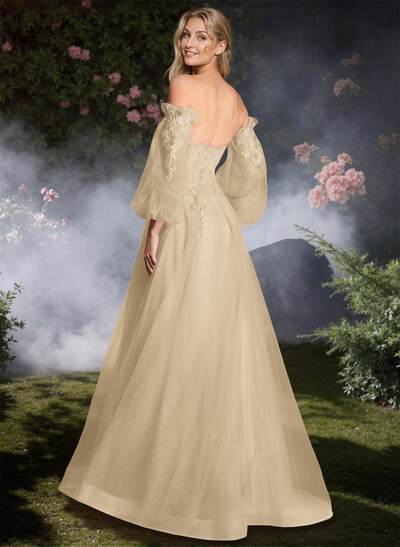 Sweet Removable Lantern Sleeves Bare Back Prom Dresses With Floral Lace