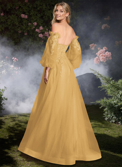 Sweet Removable Lantern Sleeves Bare Back Prom Dresses With Floral Lace