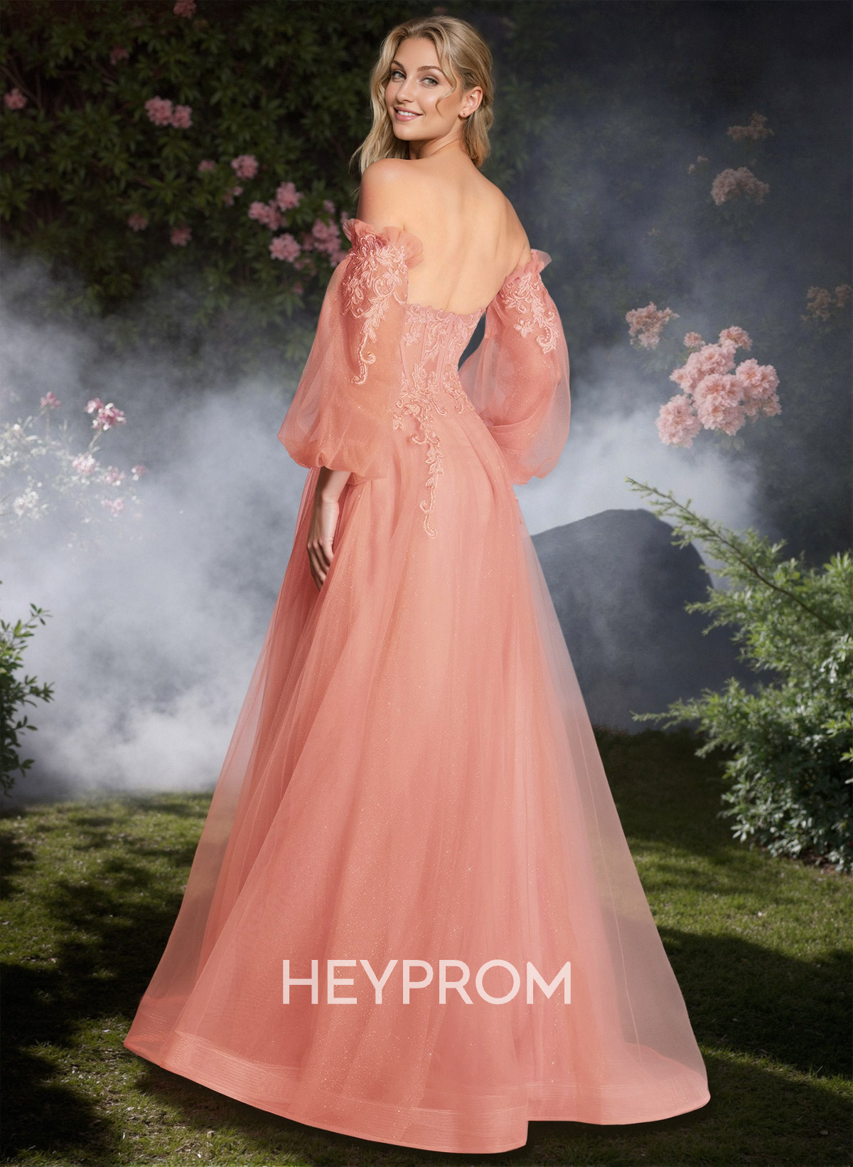 Sweet Removable Lantern Sleeves Bare Back Prom Dresses With Floral Lace