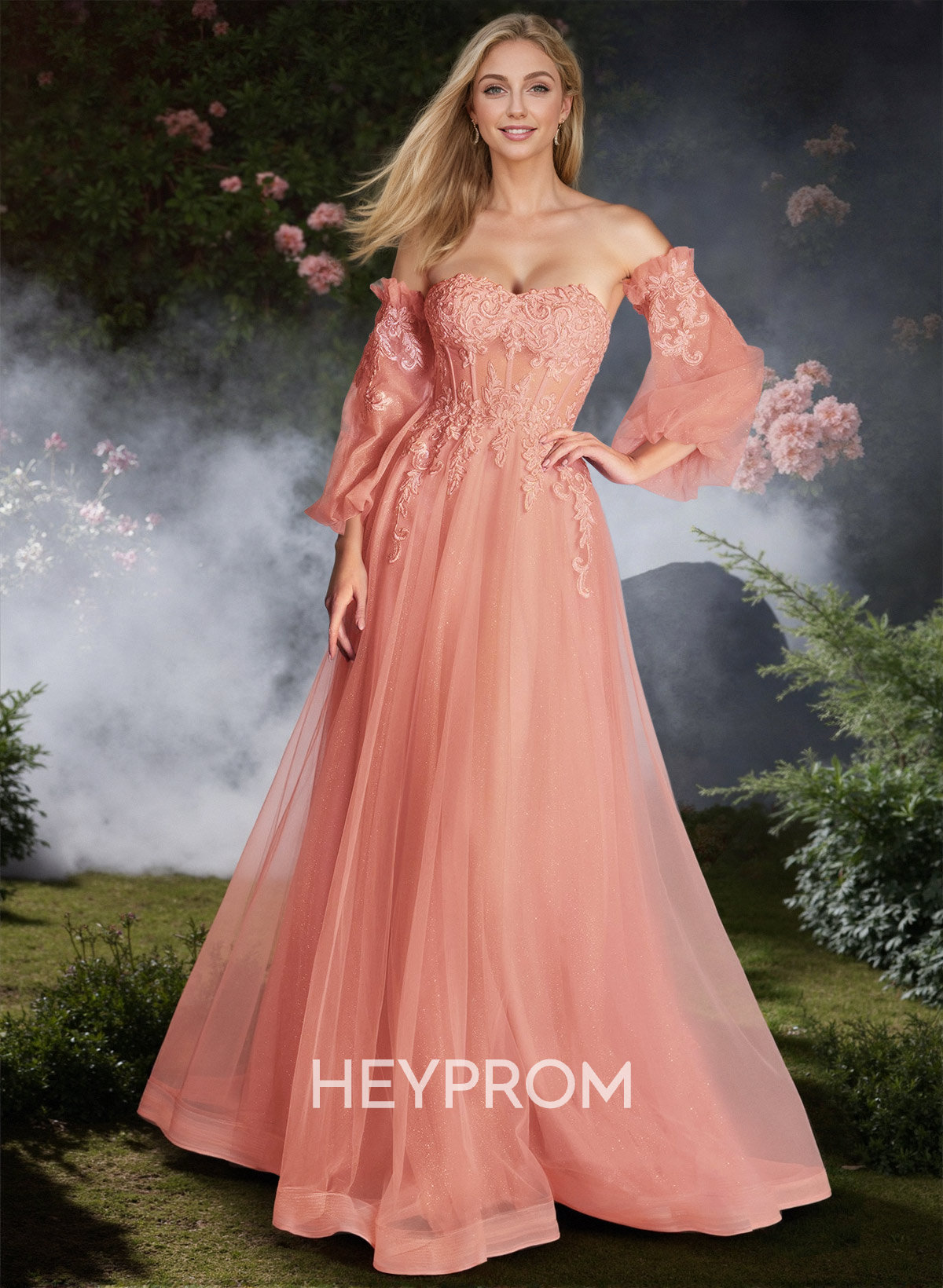 Sweet Removable Lantern Sleeves Bare Back Prom Dresses With Floral Lace