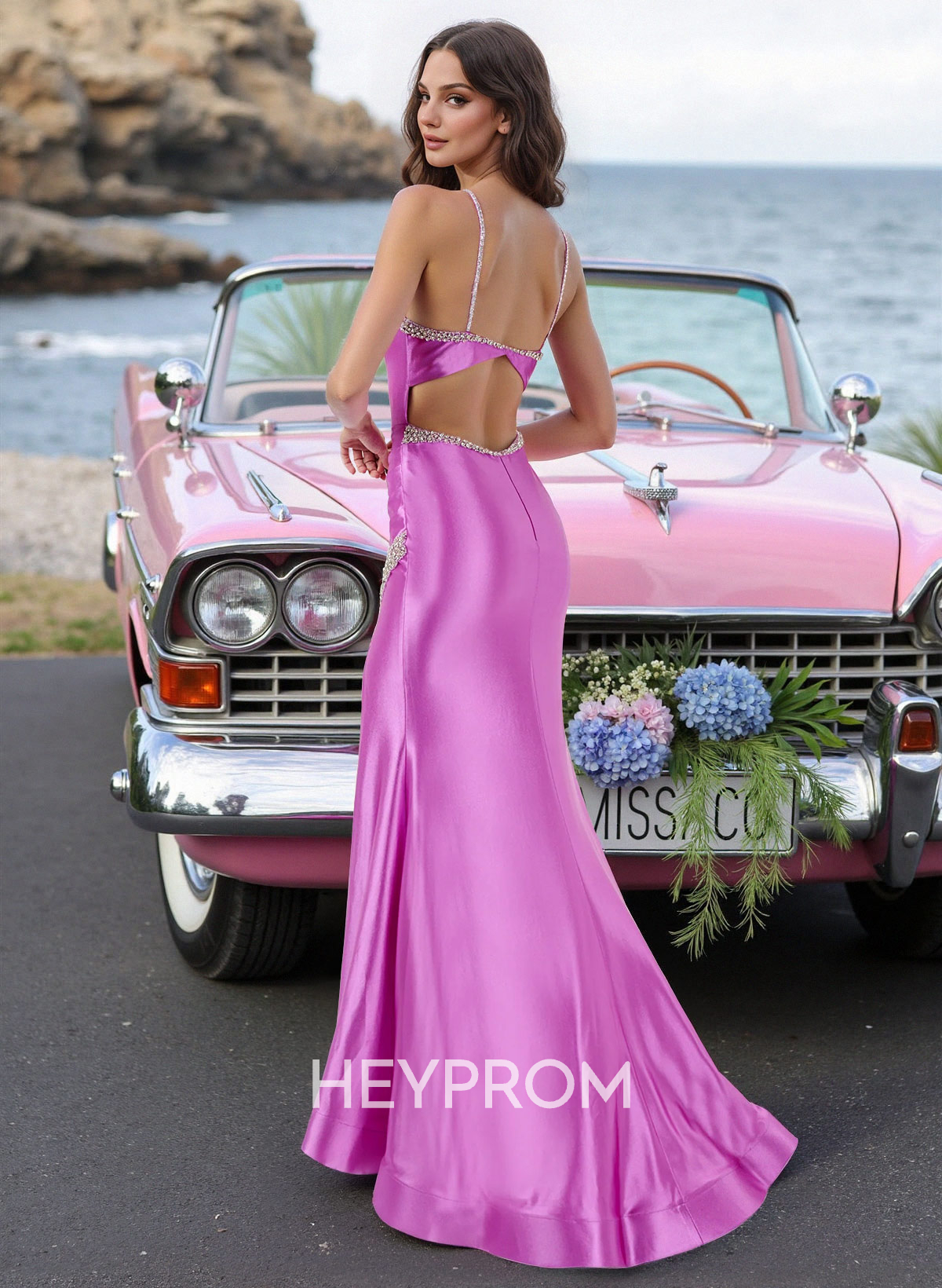 Plunge Neck Bejeweled Spaghetti Straps Prom Dresses With High Split