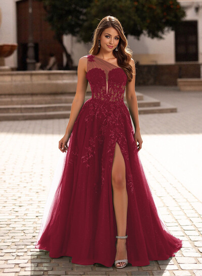 Princess Ball Gown One-Shoulder Lace/Tulle Prom Dresses With Appliques Lace