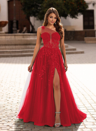 Princess Ball Gown One-Shoulder Lace/Tulle Prom Dresses With Appliques Lace