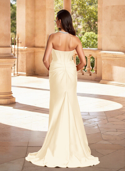 Sparkle Trumpet Halter Sleeveless Stretch Satin Knit Prom Dresses With High Split