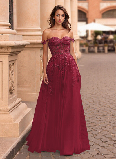 Princess Ball Gown Sweetheart Detachable Straps Tulle Prom Dresses With Lace Applique