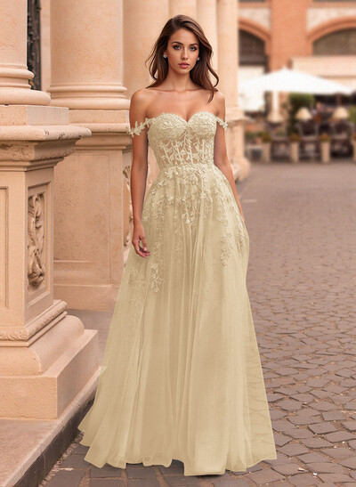 Princess Ball Gown Sweetheart Detachable Straps Tulle Prom Dresses With Lace Applique