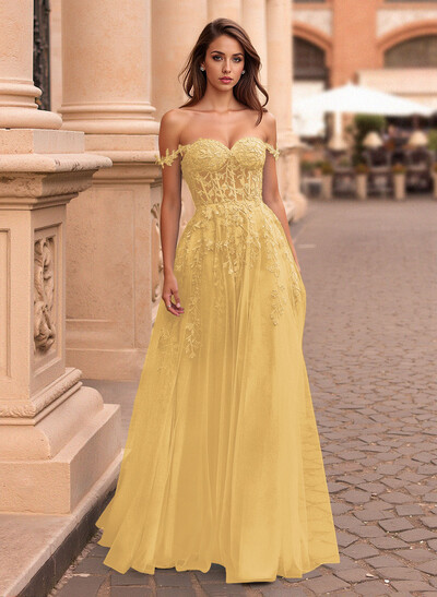 Princess Ball Gown Sweetheart Detachable Straps Tulle Prom Dresses With Lace Applique