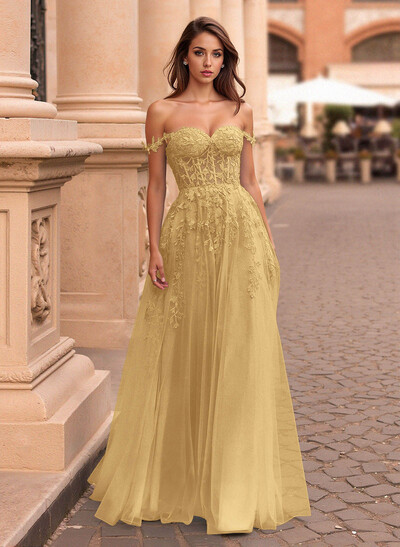 Princess Ball Gown Sweetheart Detachable Straps Tulle Prom Dresses With Lace Applique