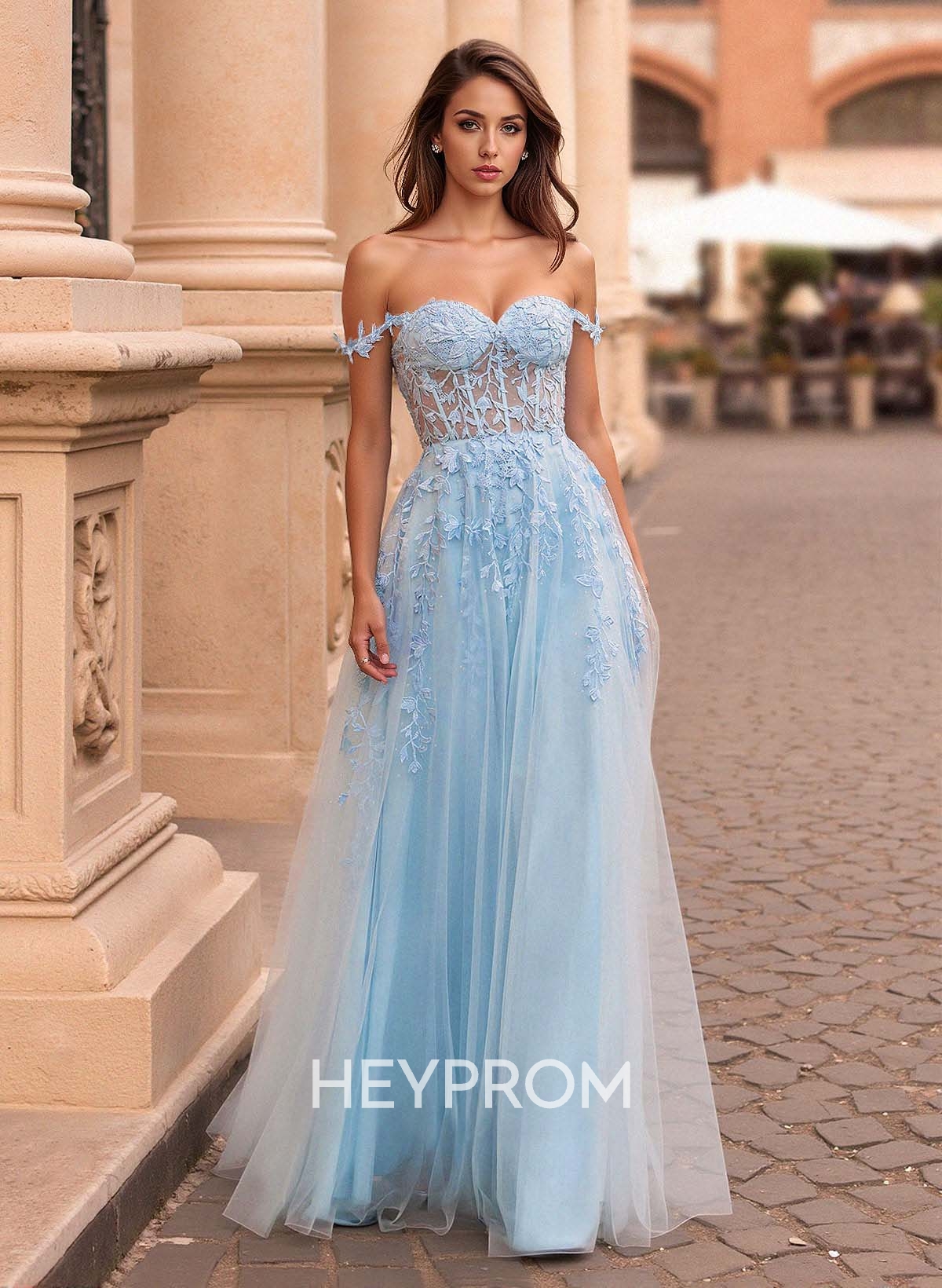 Princess Ball Gown Sweetheart Detachable Straps Tulle Prom Dresses With Lace Applique