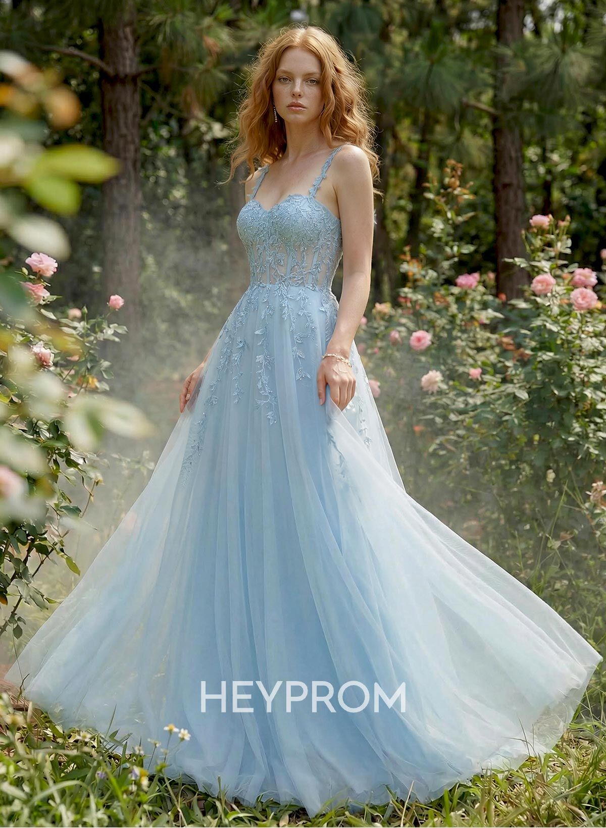 Princess Ball Gown Sweetheart Detachable Straps Tulle Prom Dresses With Lace Applique