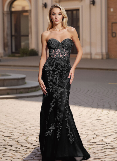 Exquisite Sweetheart Illusion Corset Lace/Tulle Prom Dresses With Appliques Lace