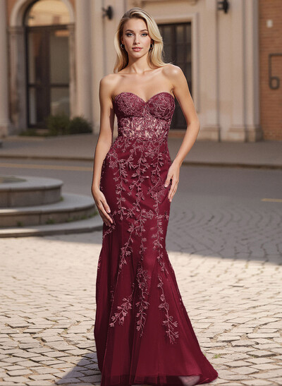 Exquisite Sweetheart Illusion Corset Lace/Tulle Prom Dresses With Appliques Lace