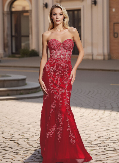Exquisite Sweetheart Illusion Corset Lace/Tulle Prom Dresses With Appliques Lace