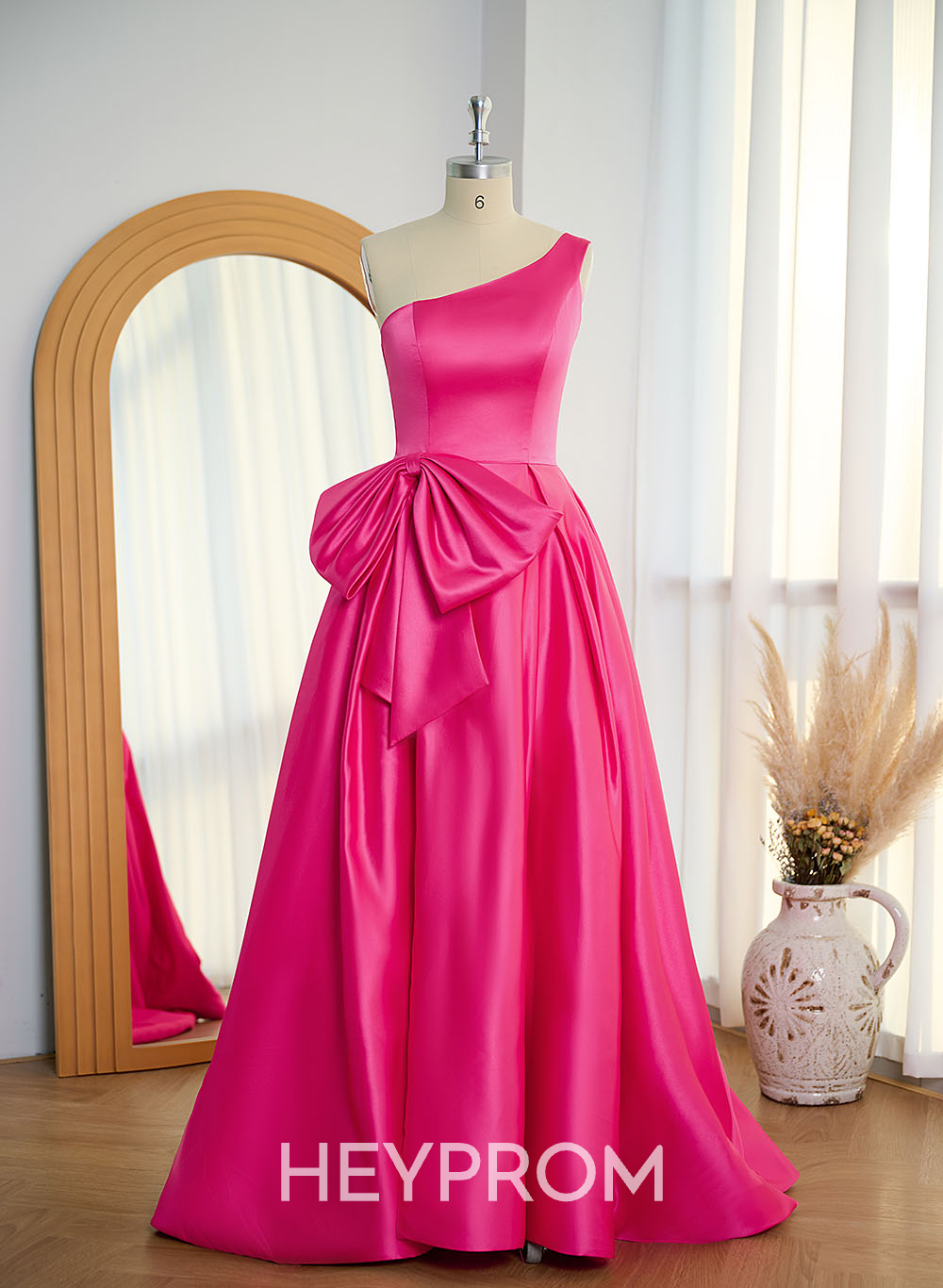 Modest One-Shoulder Bow Accented Satin Prom Dresses With High Split