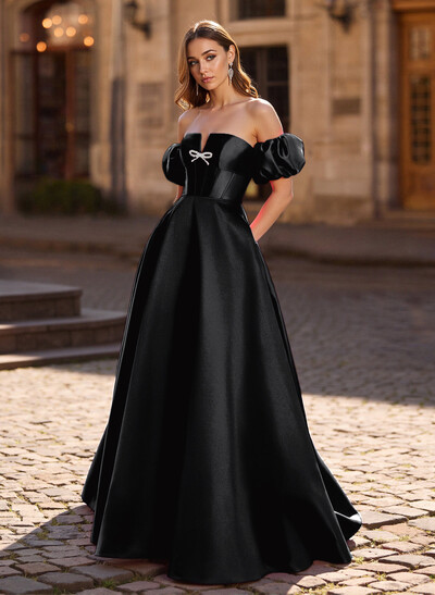 Sweet & Flow Bow Accented Detachable Sleeves Satin Prom Dresses With Lace Up Back