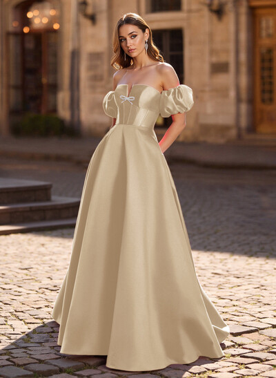 Sweet & Flow Bow Accented Detachable Sleeves Satin Prom Dresses With Lace Up Back
