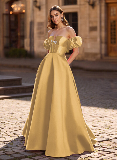 Sweet & Flow Bow Accented Detachable Sleeves Satin Prom Dresses With Lace Up Back