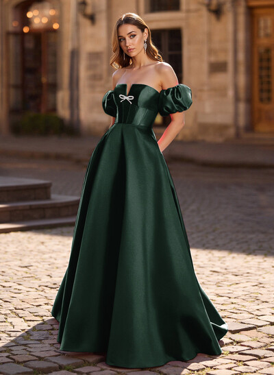 Sweet & Flow Bow Accented Detachable Sleeves Satin Prom Dresses With Lace Up Back