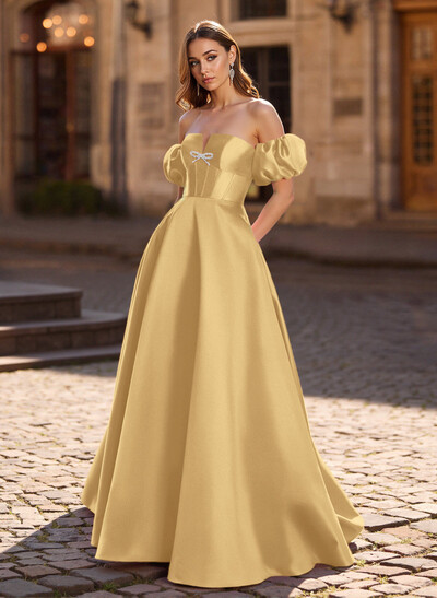 Sweet & Flow Bow Accented Detachable Sleeves Satin Prom Dresses With Lace Up Back