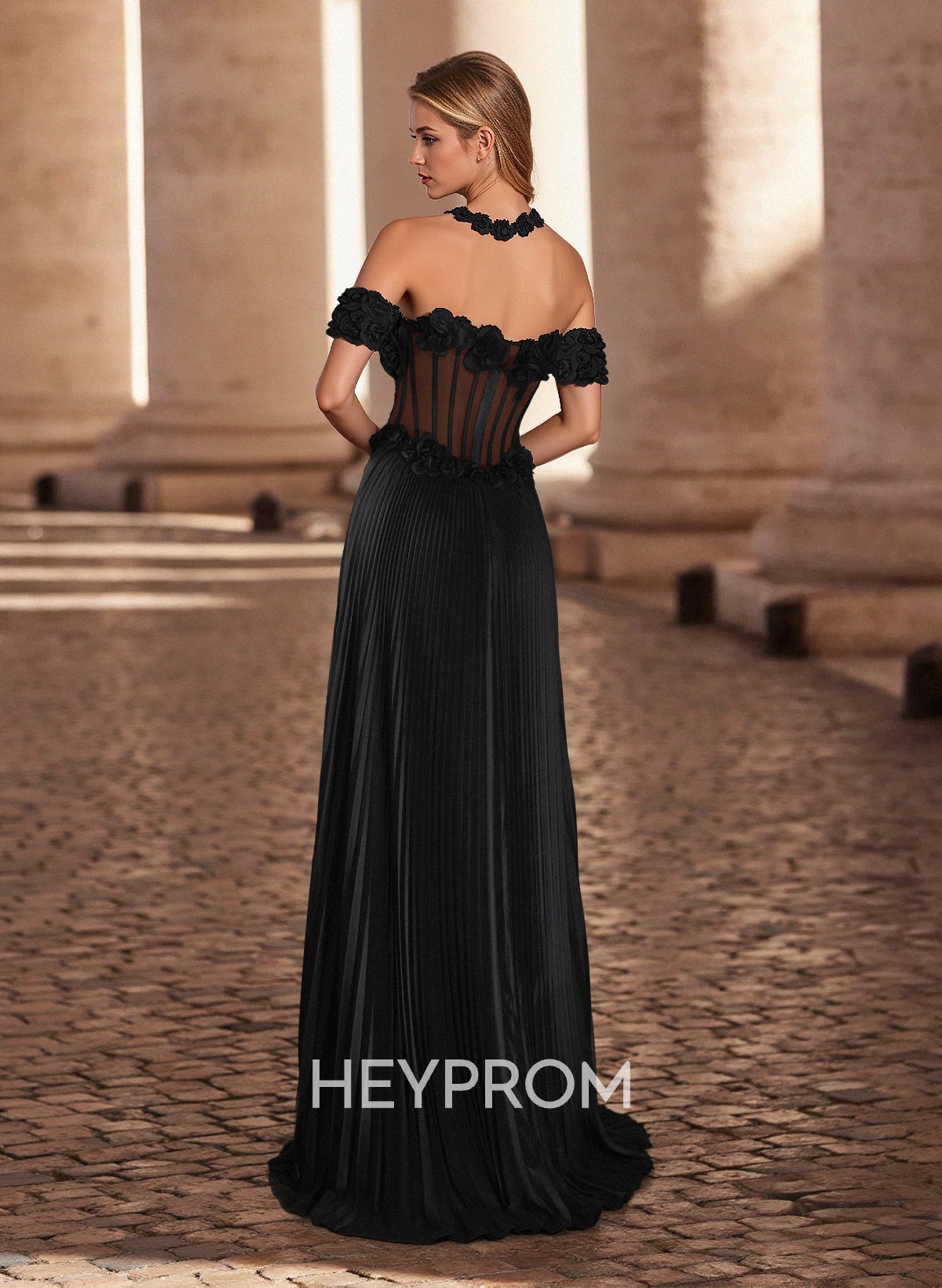 Unique Flower(s) Off-The-Shoulder High Split Sweep Train Silk Like Satin Prom Dresses