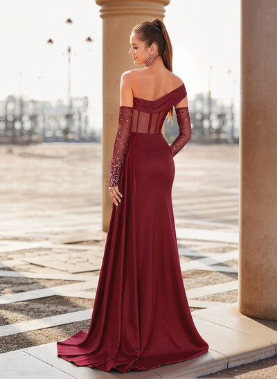Unique Asymmetrical Neckline Detachable Sleeves Sweep Train Crepe Satin Prom Dresses