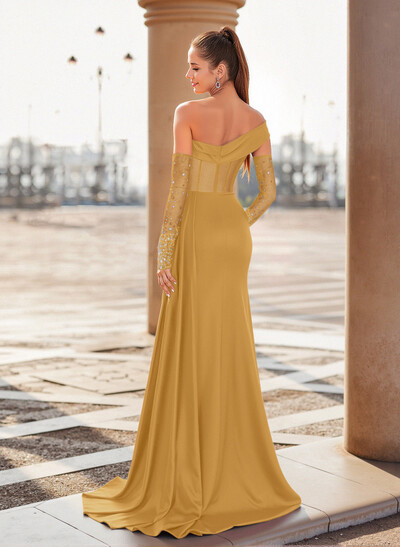 Unique Asymmetrical Neckline Detachable Sleeves Sweep Train Crepe Satin Prom Dresses