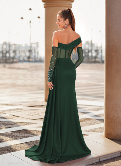 Unique Asymmetrical Neckline Detachable Sleeves Sweep Train Crepe Satin Prom Dresses
