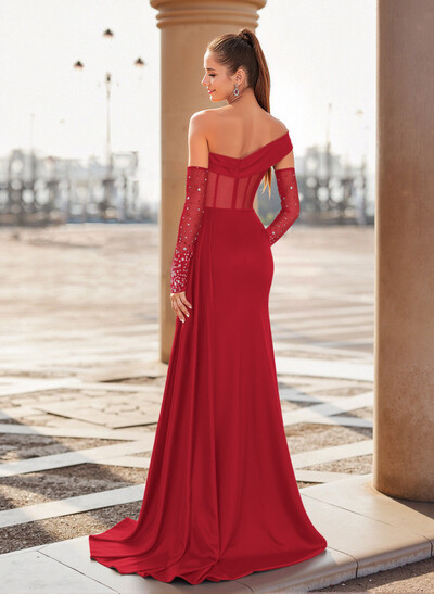 Unique Asymmetrical Neckline Detachable Sleeves Sweep Train Crepe Satin Prom Dresses