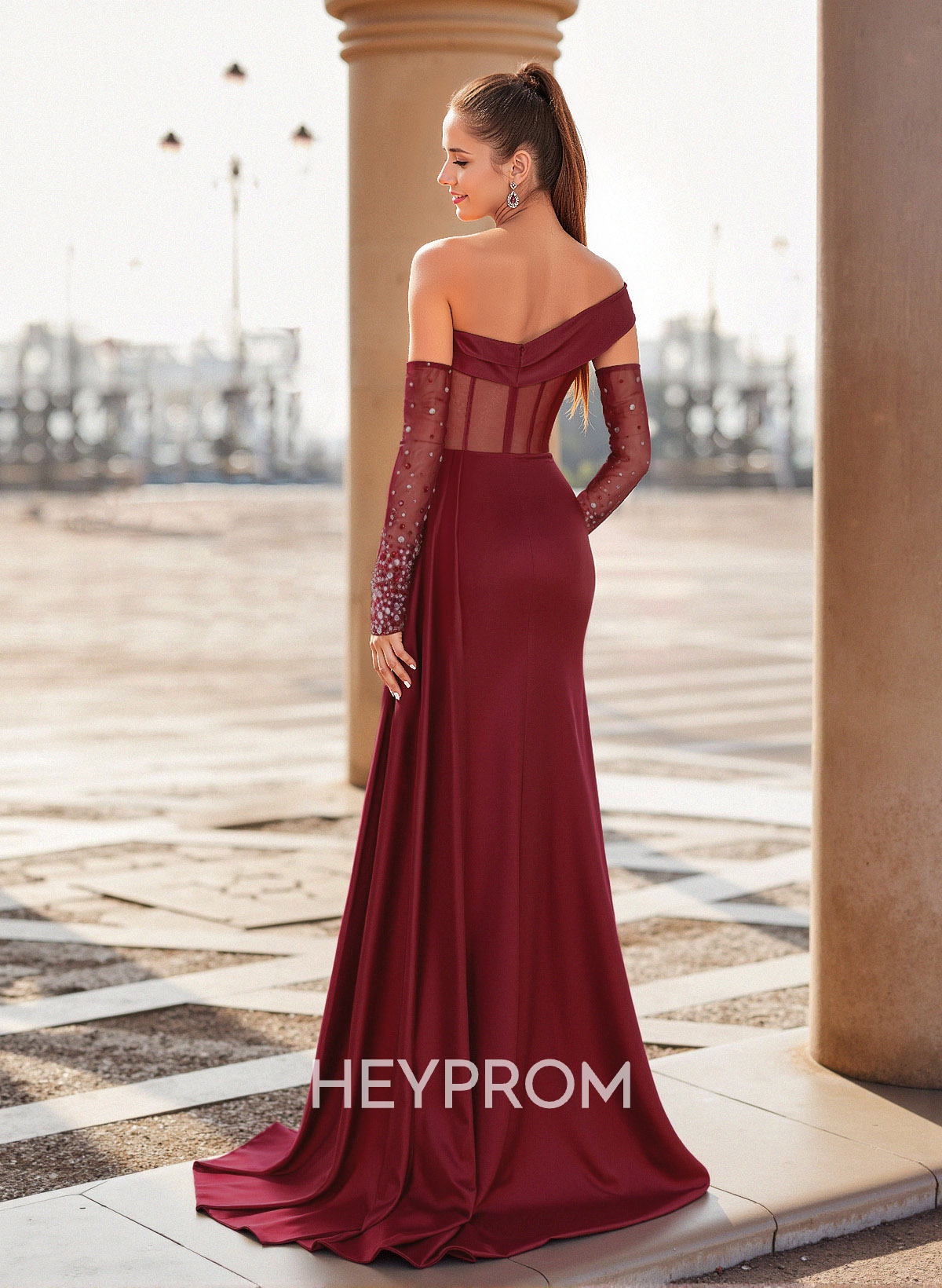 Unique Asymmetrical Neckline Detachable Sleeves Sweep Train Crepe Satin Prom Dresses