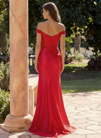 Exquisite Off-The-Shoulder Floral Lace Silk Like Satin Prom Dresses With High Split