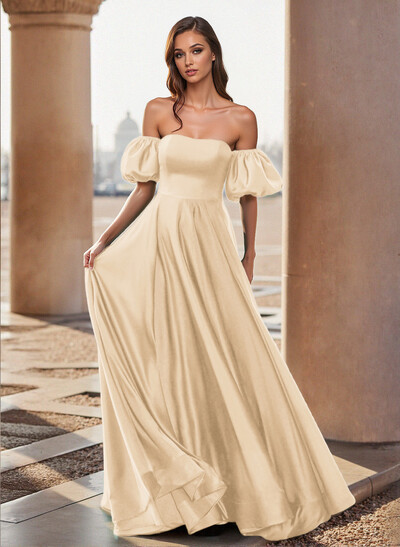 Unique Puffy Off-Shoulder A-Line Floor-Length Silk Like Satin Prom Dresses