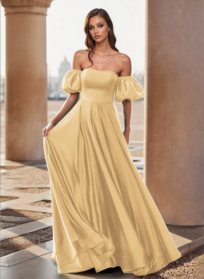 Unique Puffy Off-Shoulder A-Line Floor-Length Silk Like Satin Prom Dresses