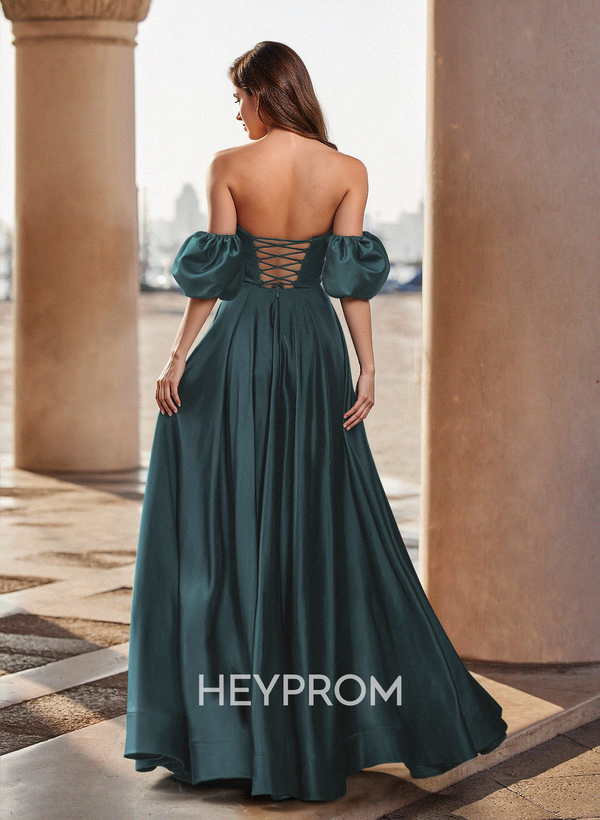 Unique Puffy Off-Shoulder A-Line Floor-Length Silk Like Satin Prom Dresses