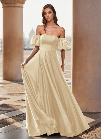 Unique Puffy Off-Shoulder A-Line Floor-Length Stretch Satin Prom Dresses