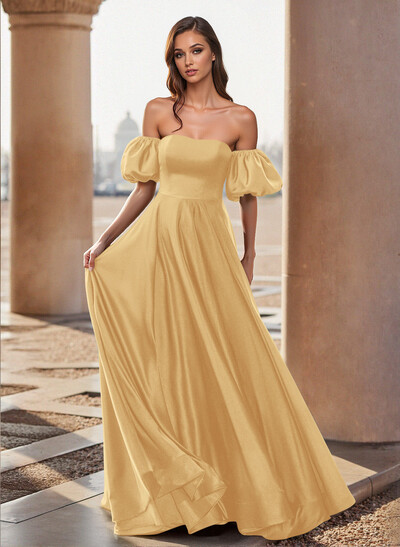 Unique Puffy Off-Shoulder A-Line Floor-Length Stretch Satin Prom Dresses
