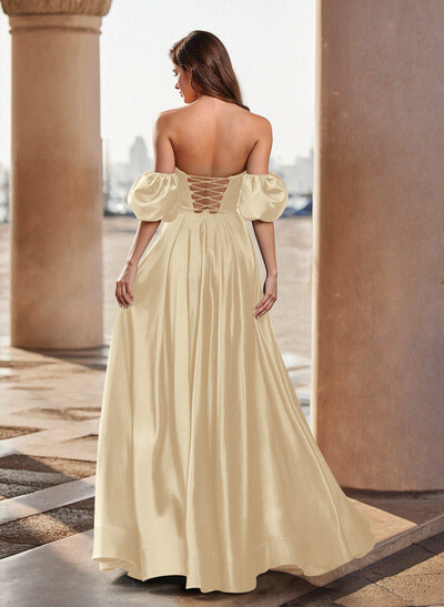 Unique Puffy Off-Shoulder A-Line Floor-Length Stretch Satin Prom Dresses