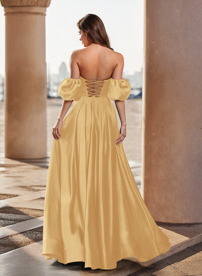 Unique Puffy Off-Shoulder A-Line Floor-Length Stretch Satin Prom Dresses