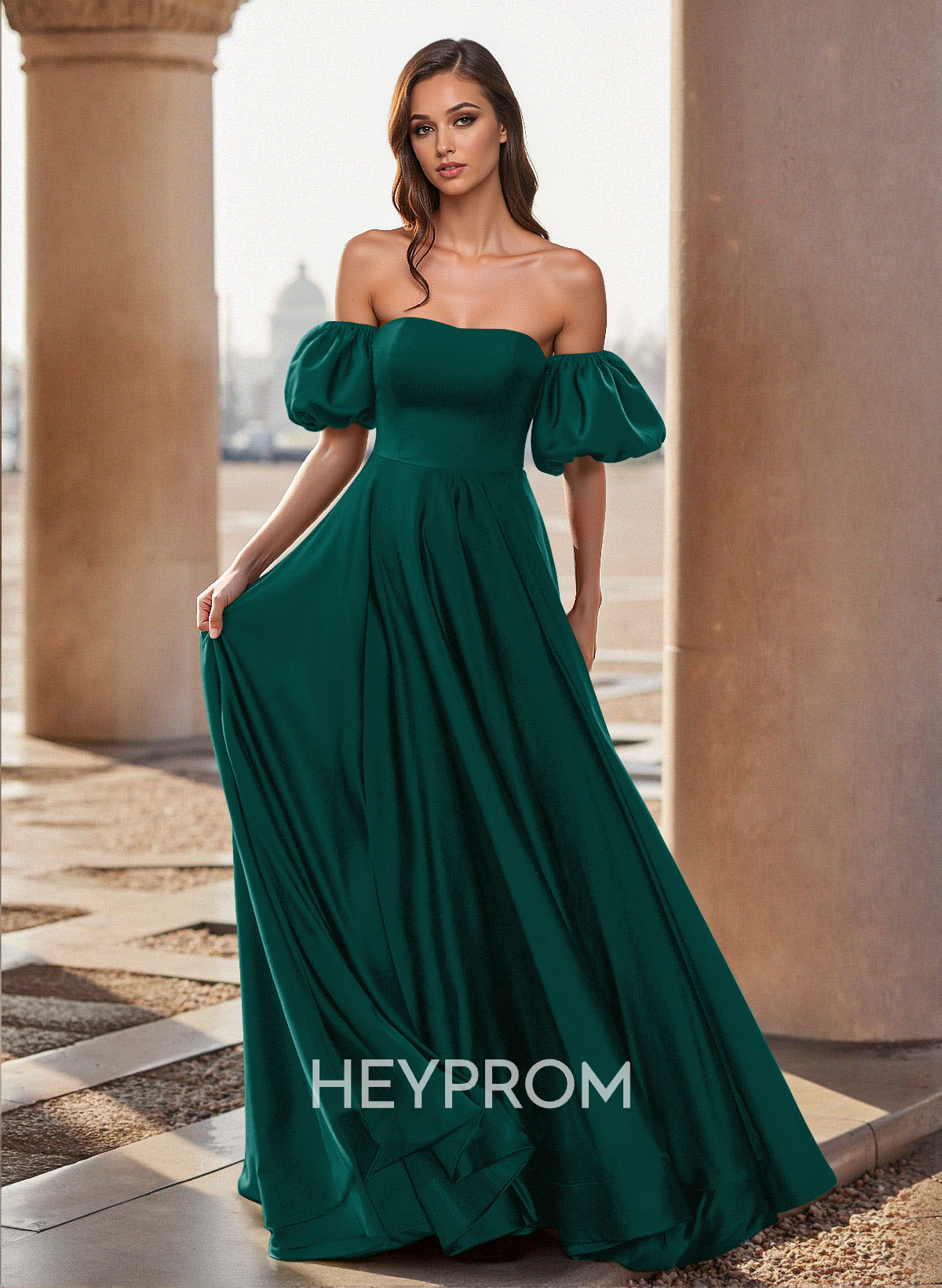Unique Puffy Off-Shoulder A-Line Floor-Length Stretch Satin Prom Dresses