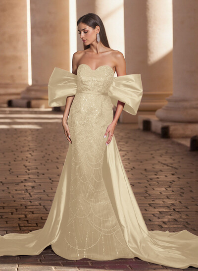 Luxury Sweetheart Off-The-Shoulder Sweep Train Satin/Lace Prom Dresses