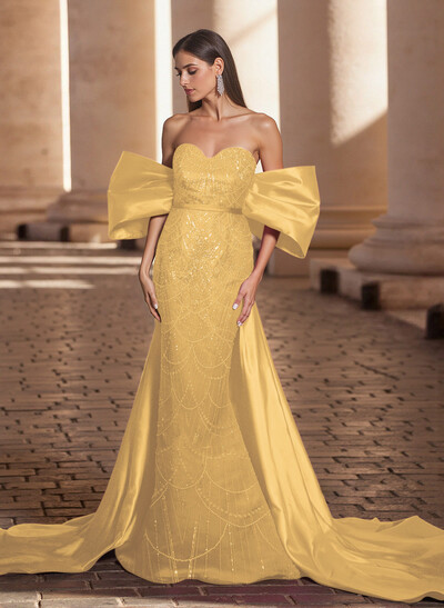 Luxury Sweetheart Off-The-Shoulder Sweep Train Satin/Lace Prom Dresses